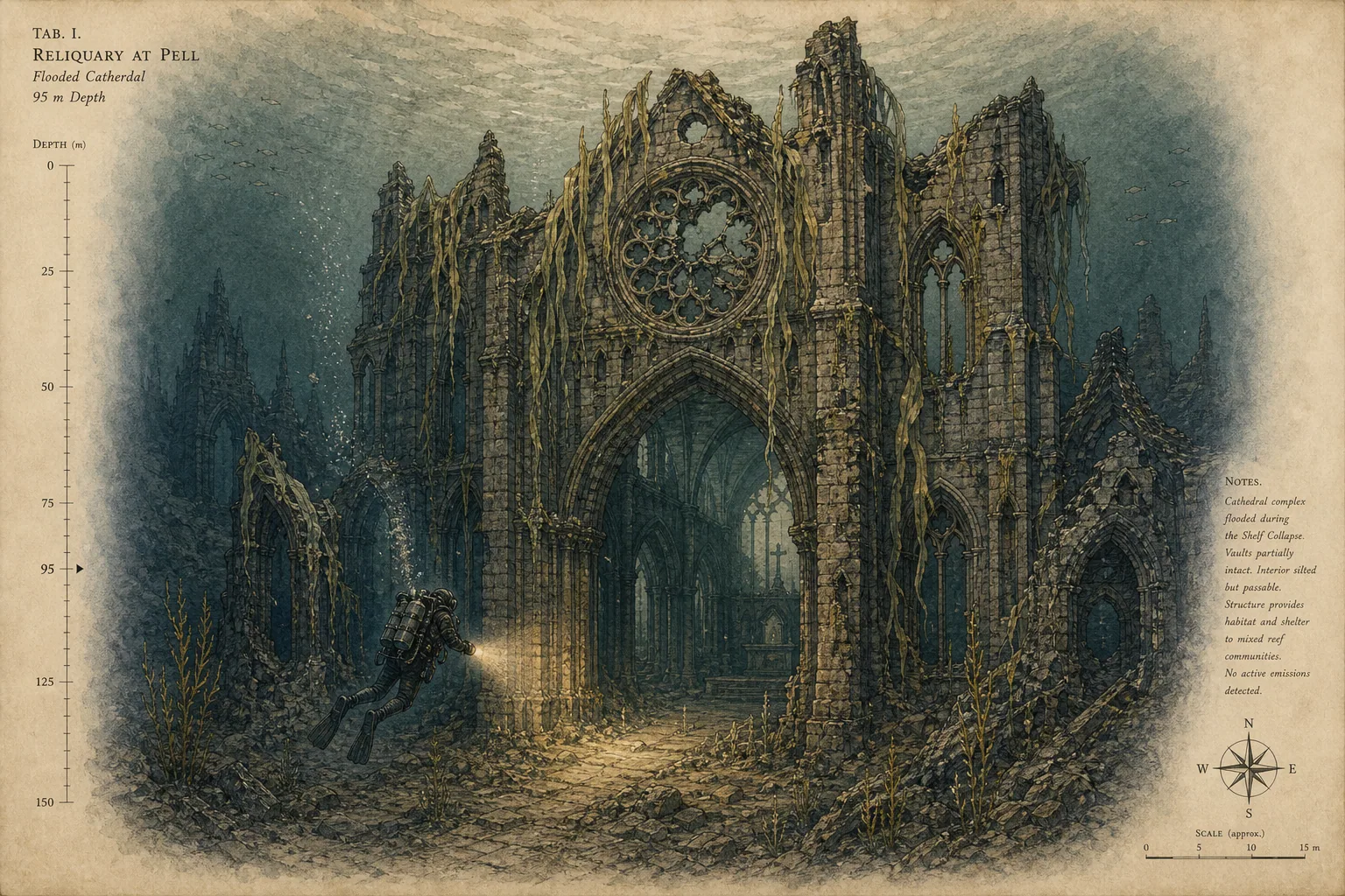 The Reliquary at Pell — watercolor and ink place plate.