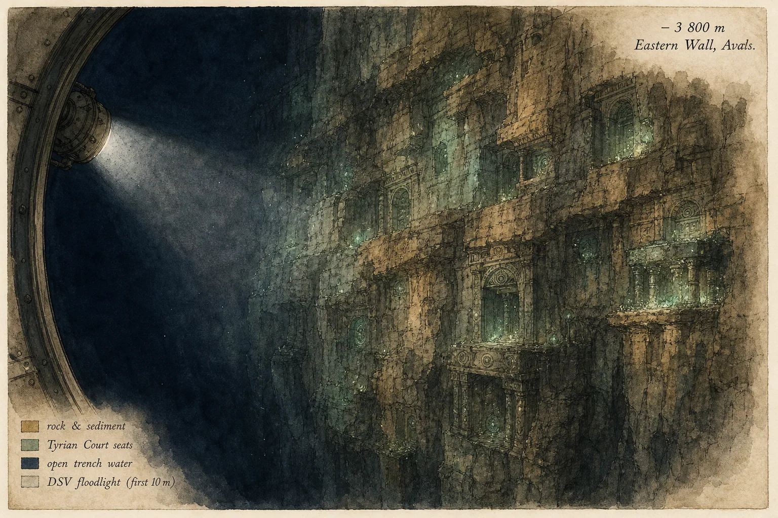 The Trench of Avals — watercolor and ink place plate.