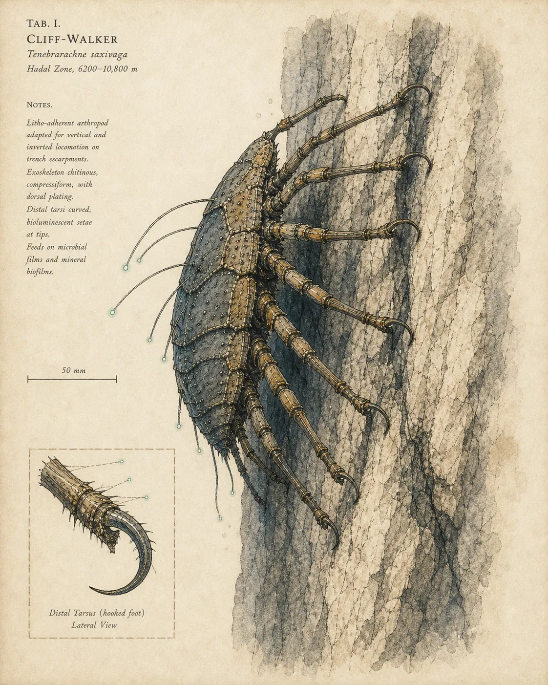 Cliff-walker (Scopocrabis ascendens) — watercolor and ink species plate.