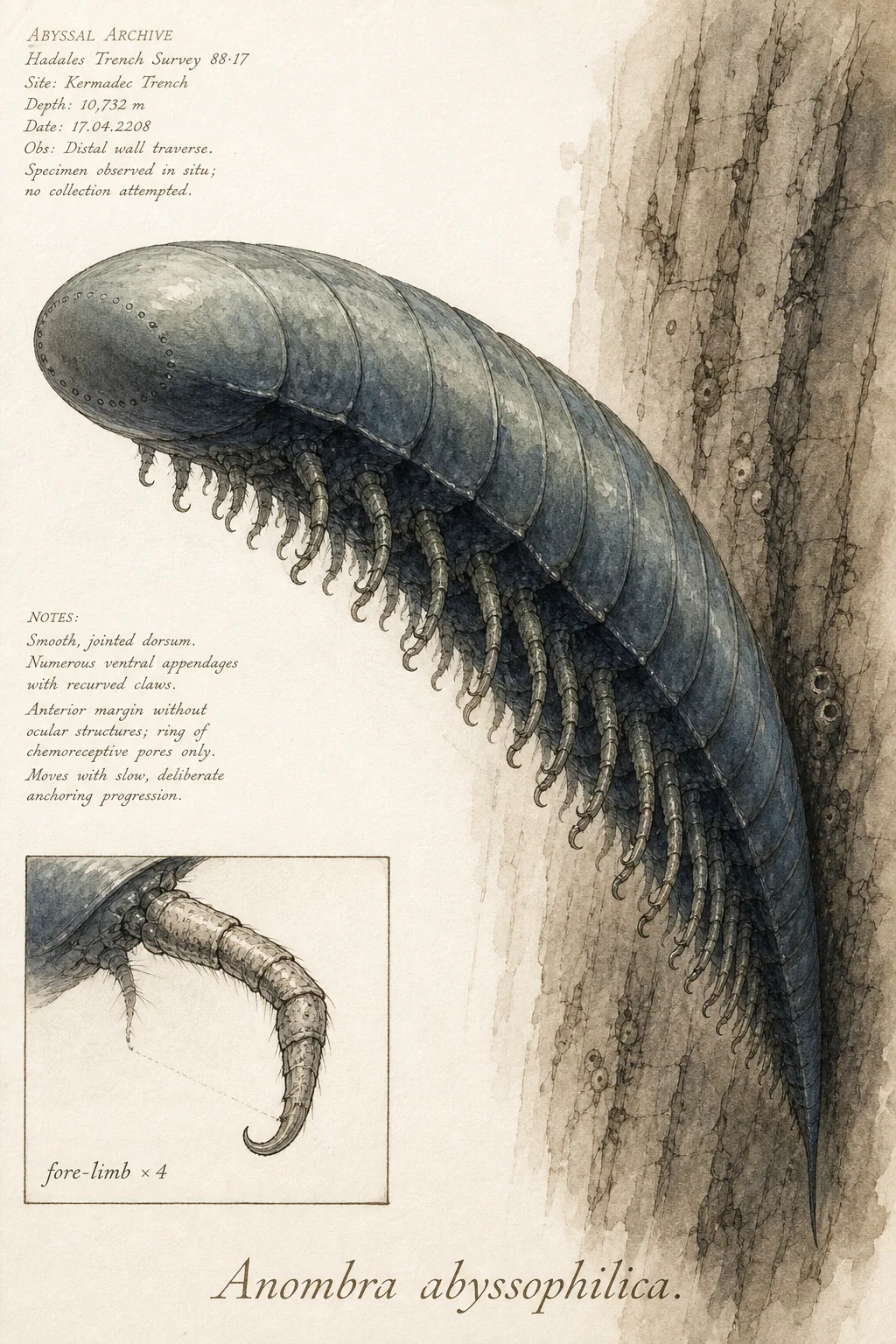 Eyeless lurker (Anombra abyssophilica) — watercolor and ink species plate.
