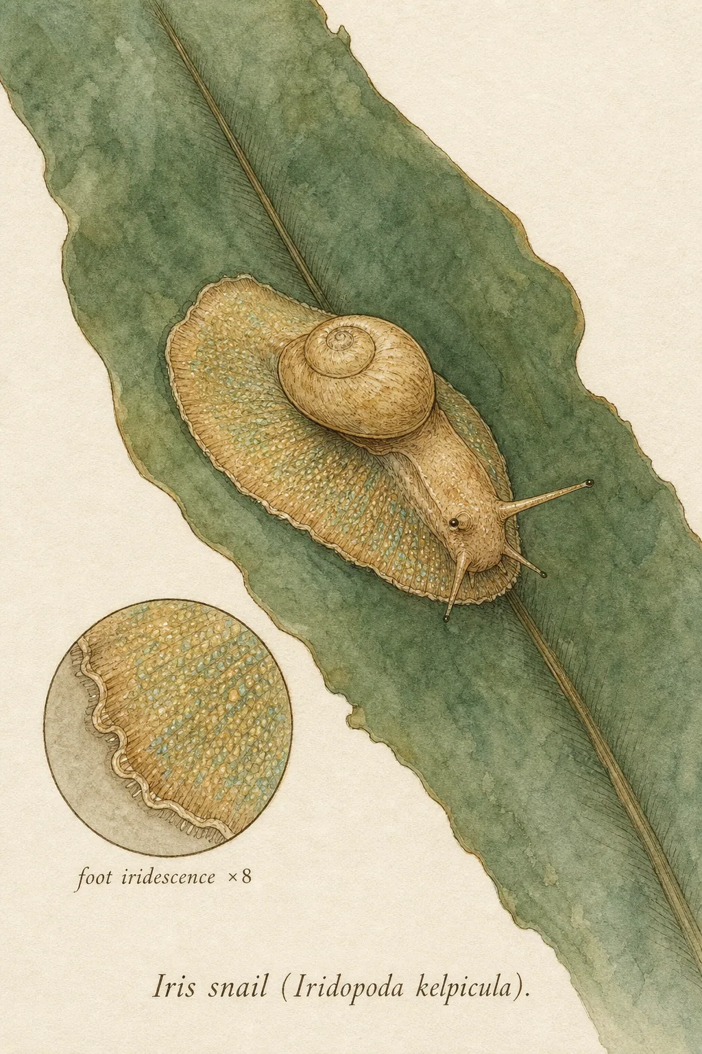 Iris snail — watercolor and ink species plate.