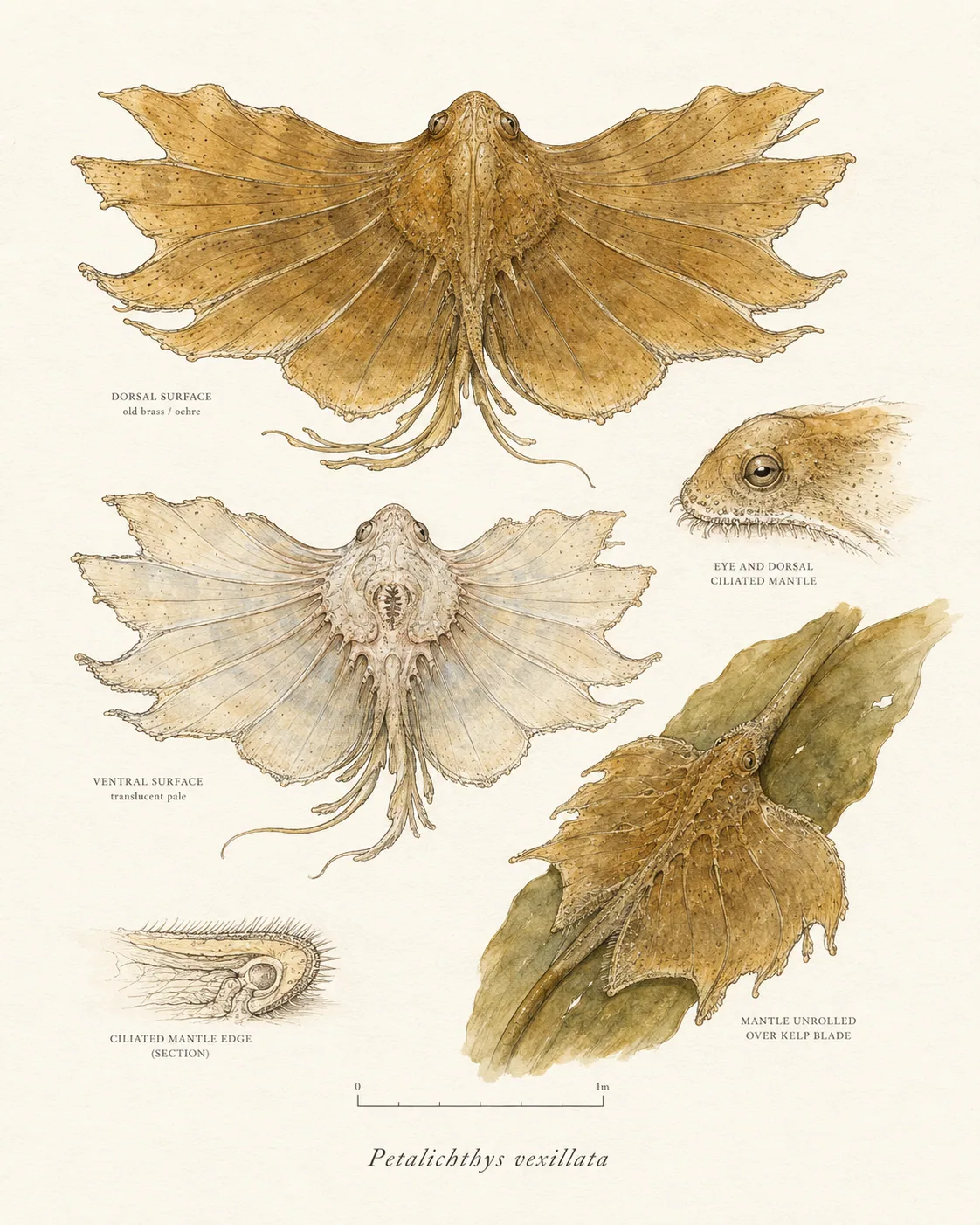 Kelp-fanwing (Petalichthys vexillata) — watercolor and ink species plate.