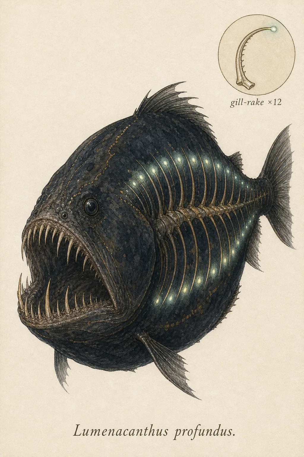 Lampgill anglerfish (Lumenacanthus profundus) — watercolor and ink species plate.