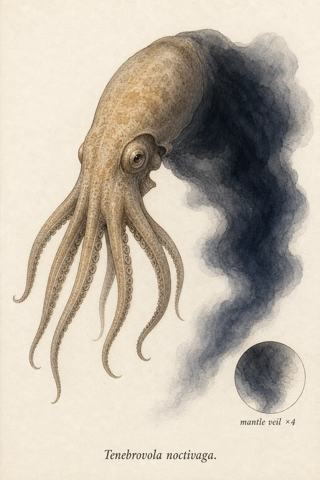 Ink-veiled cephalopod (Tenebrovola noctivaga) — watercolor and ink species plate.