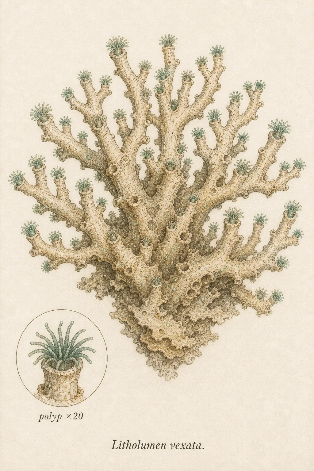 Tide-coral (Litholumen vexata) — watercolor and ink species plate.