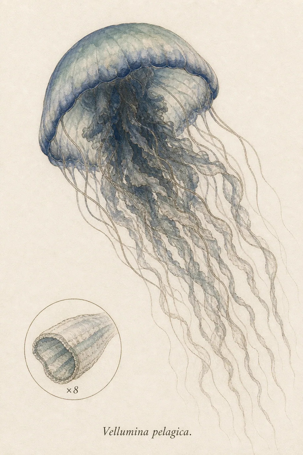 Glass-shawl medusa (Vellumina pelagica) — watercolor and ink species plate.