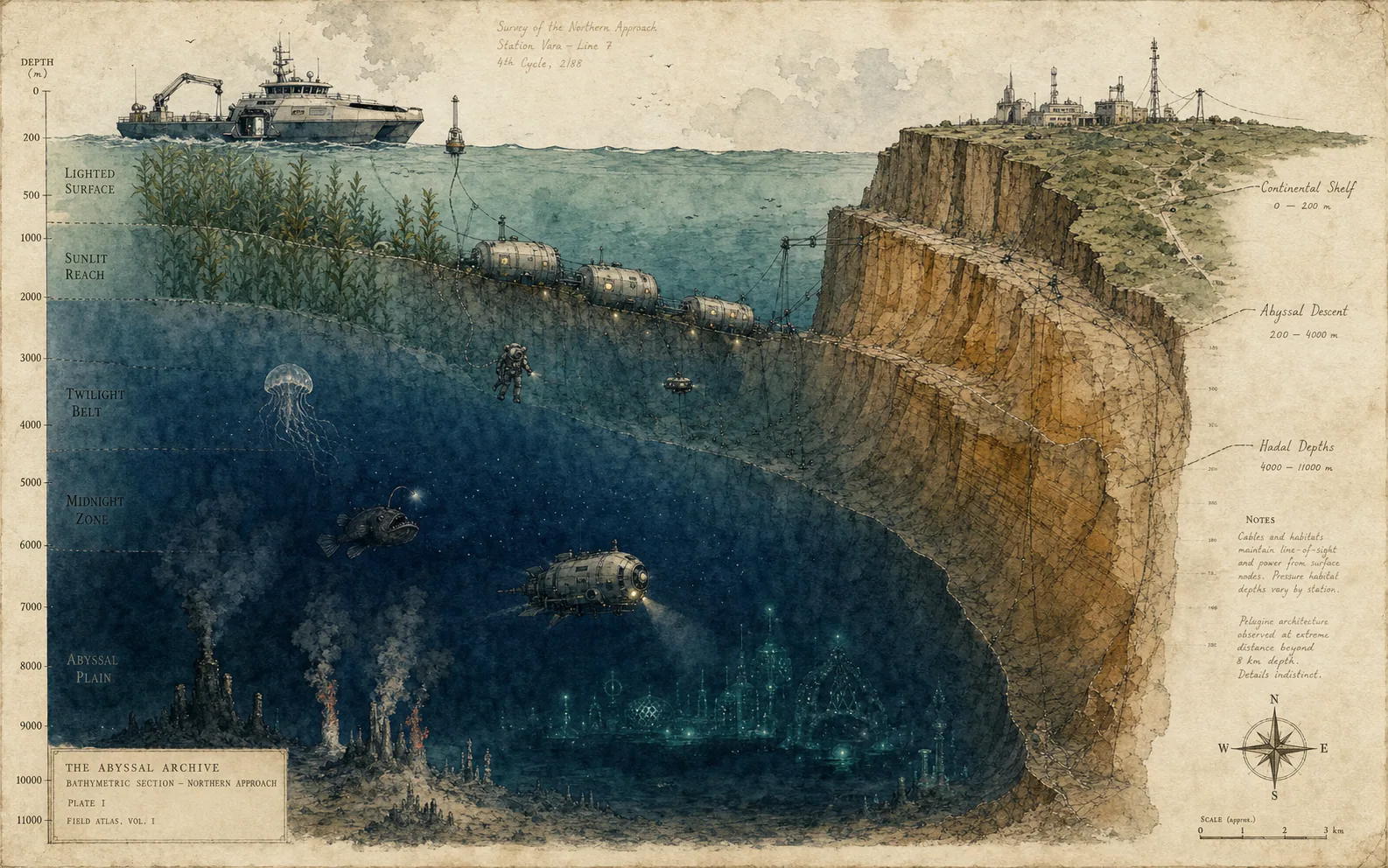 Watercolor field-atlas cross-section of the ocean from surface to abyss, depth zones marked in the gutter.